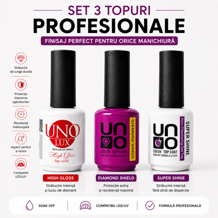 Set 3 Top Coat-uri No Clean UNO LUX: High Gloss, Super Shine și Diamond Shield