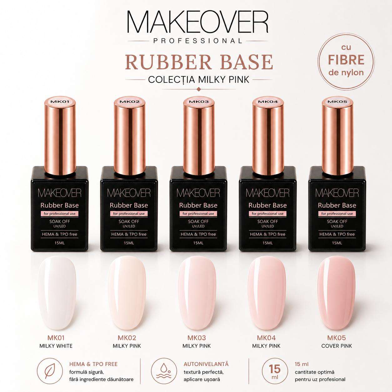 RUBBER BASE FIBRE Rubber Base Makeover Milky Pink Collection cu Nylon Fiber - imagine 1
