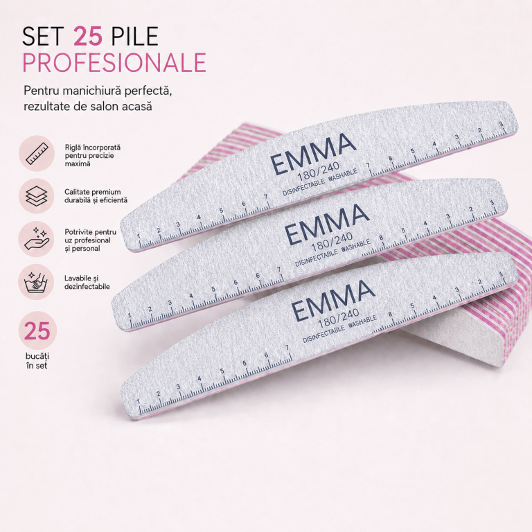 Set 25 Pile Unghii Profesionale EMMA 180/240 cu Rigla