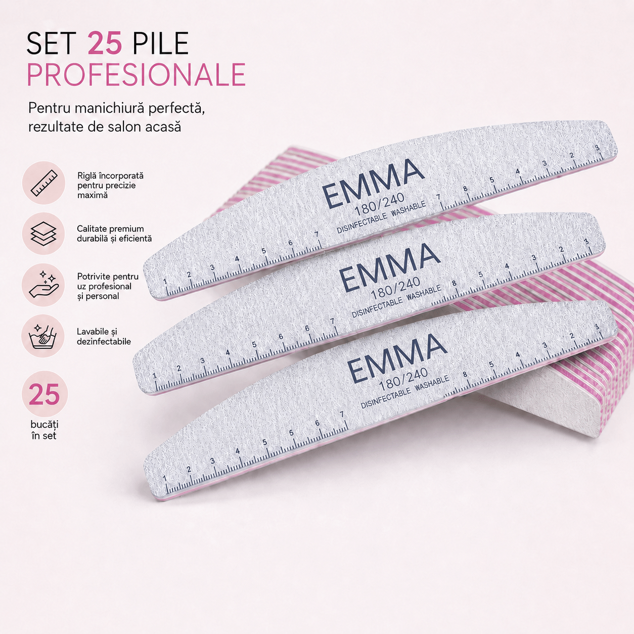 5B764145-69BC-41B6-9A79-CF58831194B3 Set 25 Pile Unghii Profesionale EMMA 180/240 cu Rigla