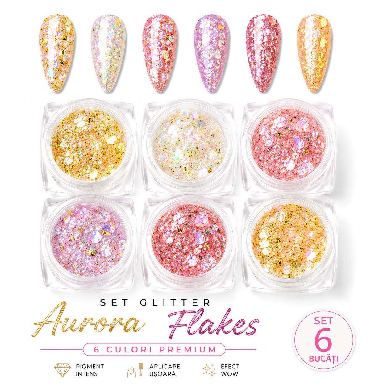 aurora flakes Set Glitter Aurora Rose Gold Flakes-6 culori - imagine 1