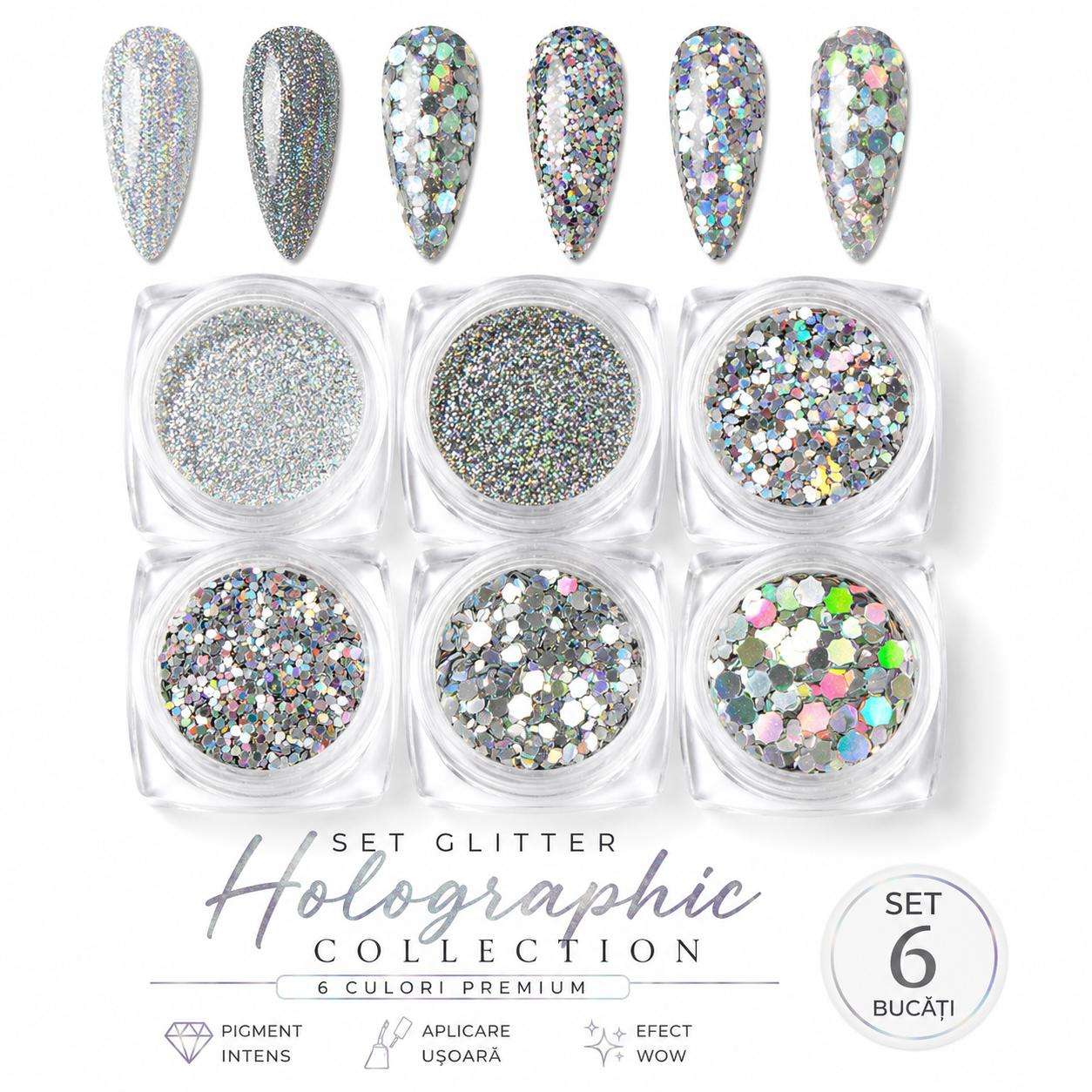 glitter holografic silver Set Glitter Silver Holographic-6 culori - imagine 1