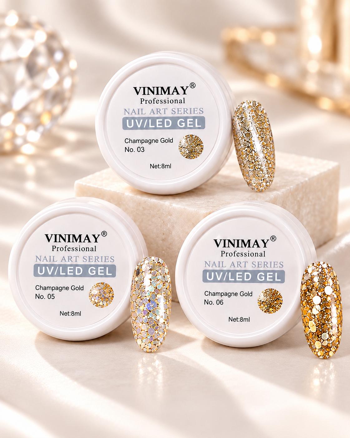 champ00 Gel Nail Art Vinimay cu Sclipici Champagne Gold 8ml - imagine 1