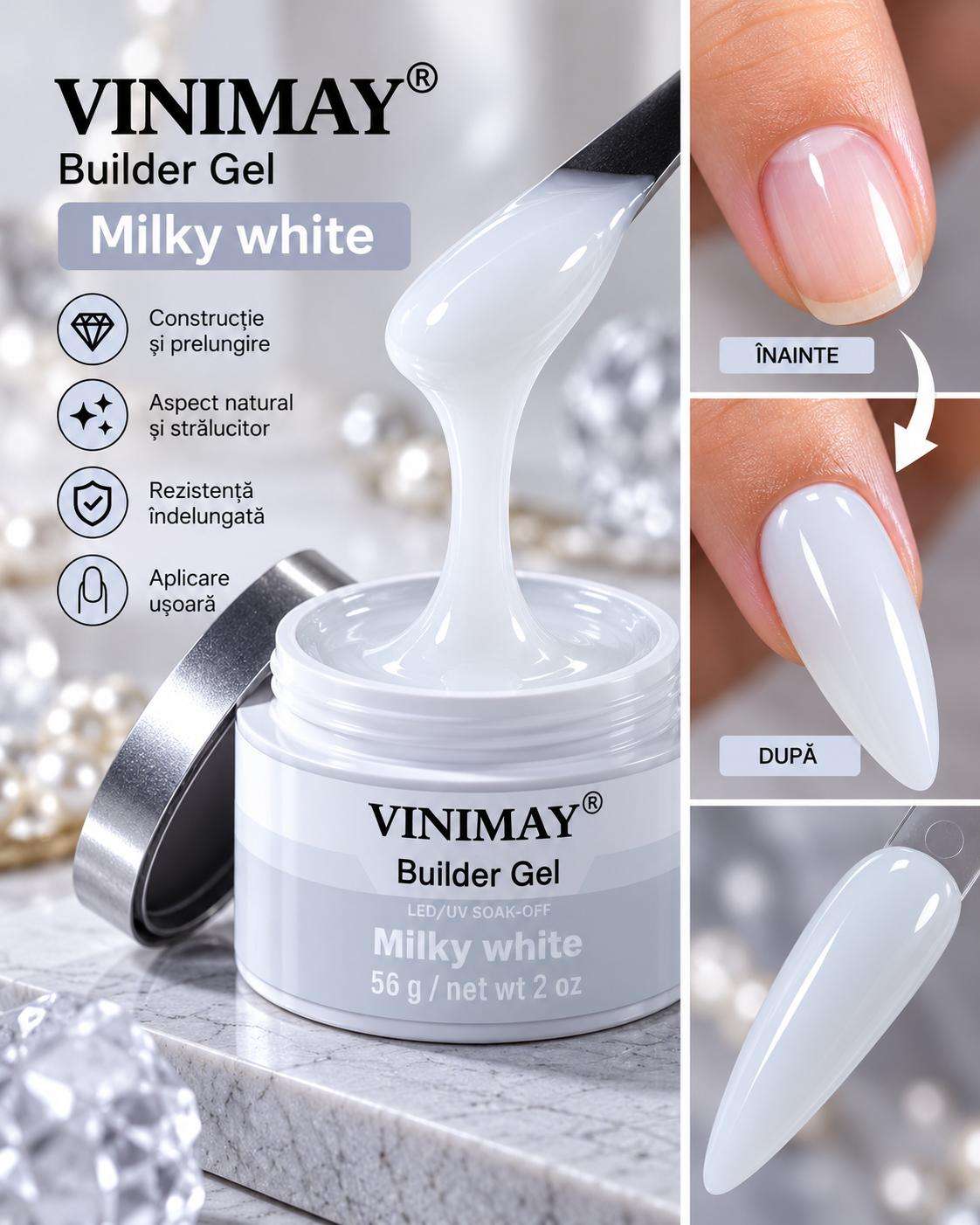 gel vinimay milky Gel Constructie Autonivelant Vinimay Milky White 14g/56g - imagine 1